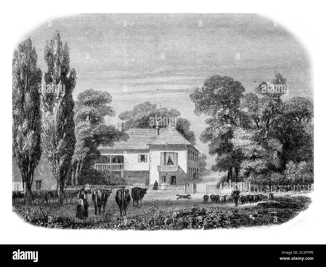 Haus Sismondi in Oaks, bei Genf, Illustration mit Weingravur. Magasin Pittoresque 1857. Stockfoto