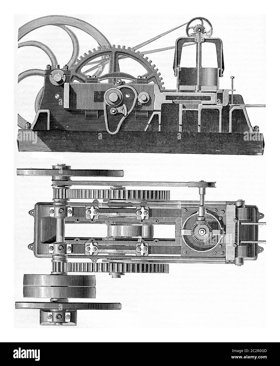 Maschine Durand und Marais. Höhe und Plan, Vintage-Grafik graviert. Industrielle Enzyklopädie E.-O. Lami - 1875. Stockfoto