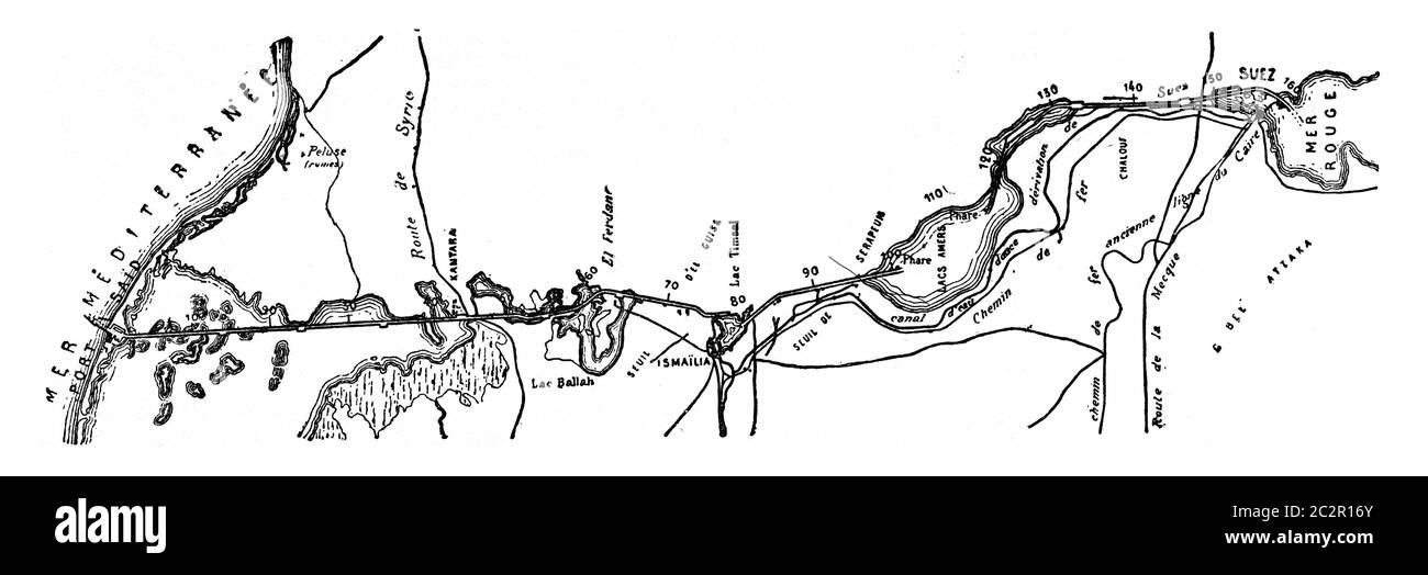Karte des Suezkanals, Illustration mit Weinlese. Industrielle Enzyklopädie E.-O. Lami - 1875. Stockfoto