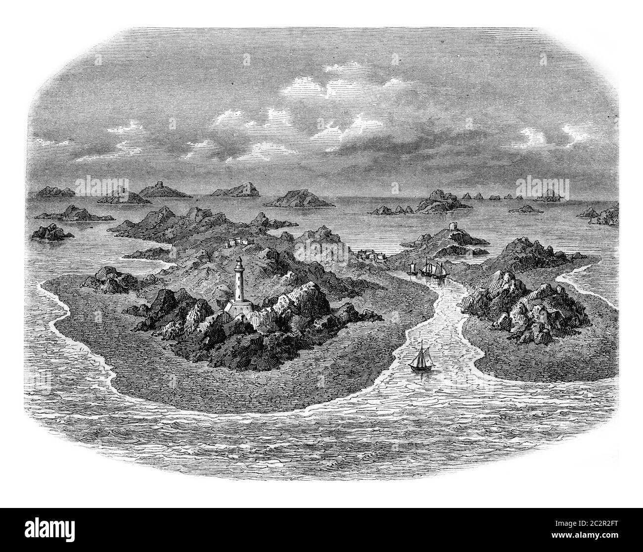 Felsen des Chausey Archipels, Illustration mit Weinlese. Magasin Pittoresque 1861. Stockfoto