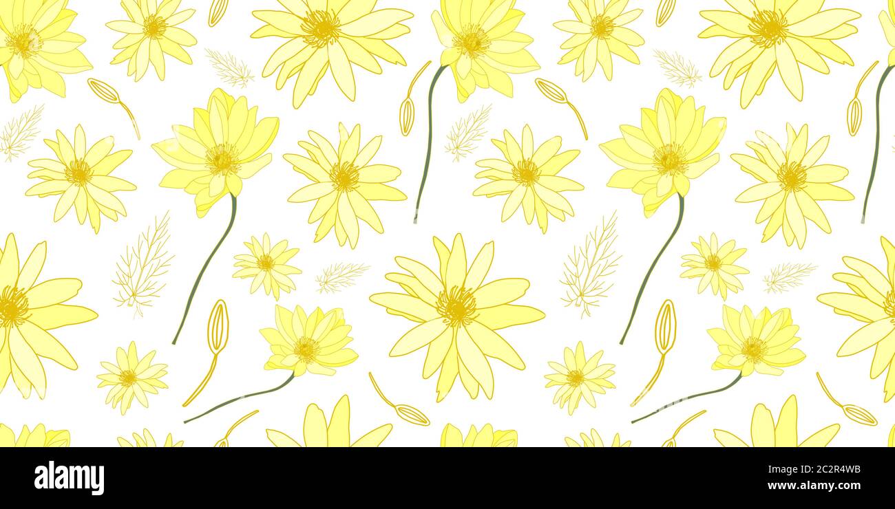 Gelbe Blüten auf weißem Hintergrund Muster. Feld Sommerblumen. Schönes zartes Muster auf dem Stoff Stock Vektor
