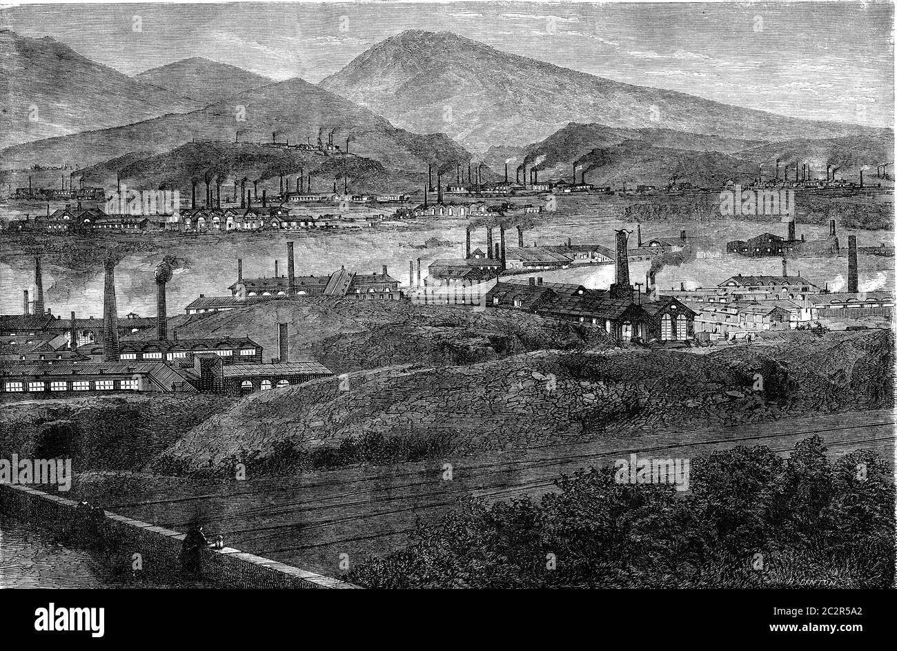 Fabriken im Taff Valley, Illustration mit Weingravur. Le Tour du Monde, Travel Journal, (1865). Stockfoto