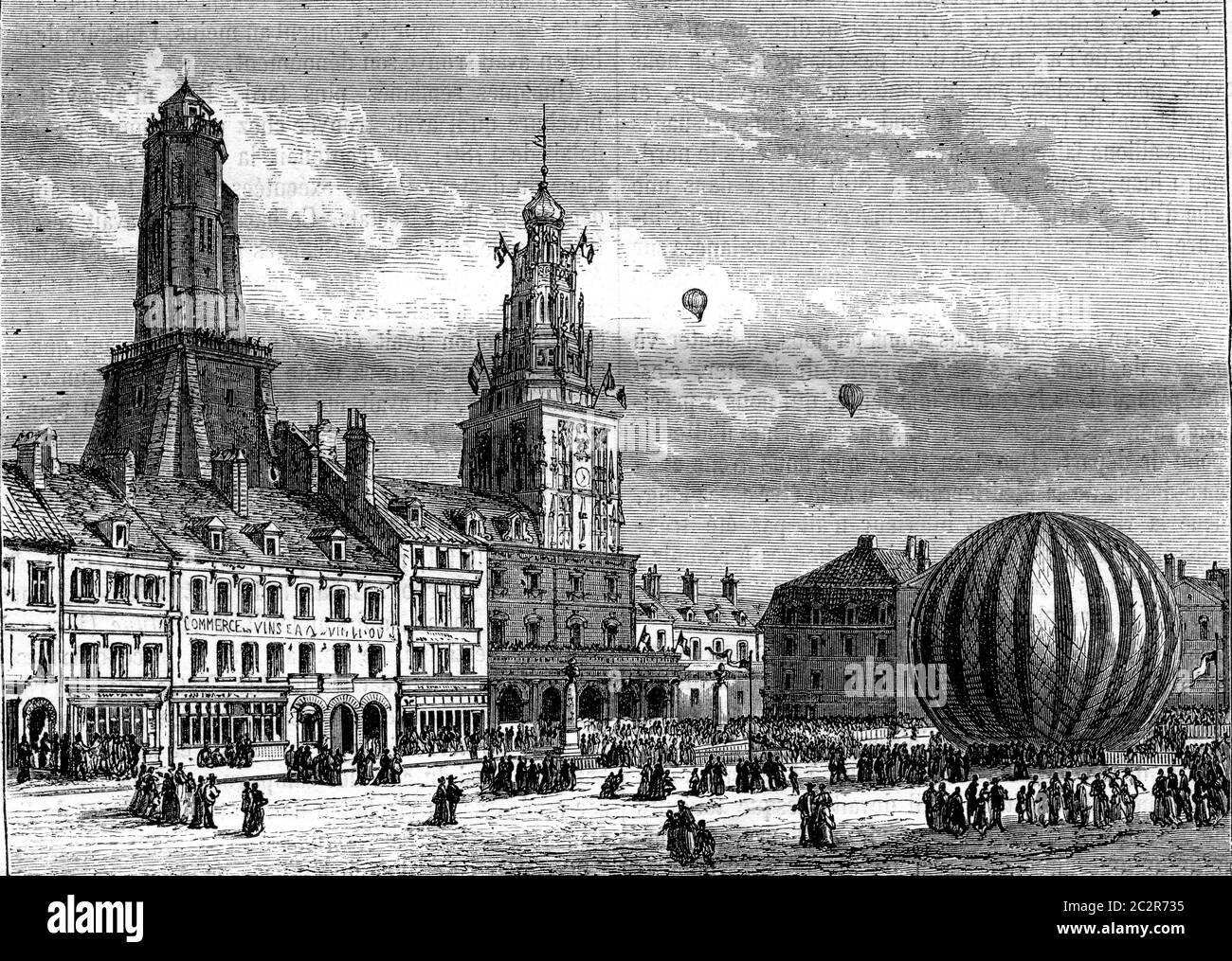 16. August 1868, Neptun Ballon aus dem Place d'Armes, Calais, Vintage graviert Illustration. Magasin Pittoresque 1870. Stockfoto