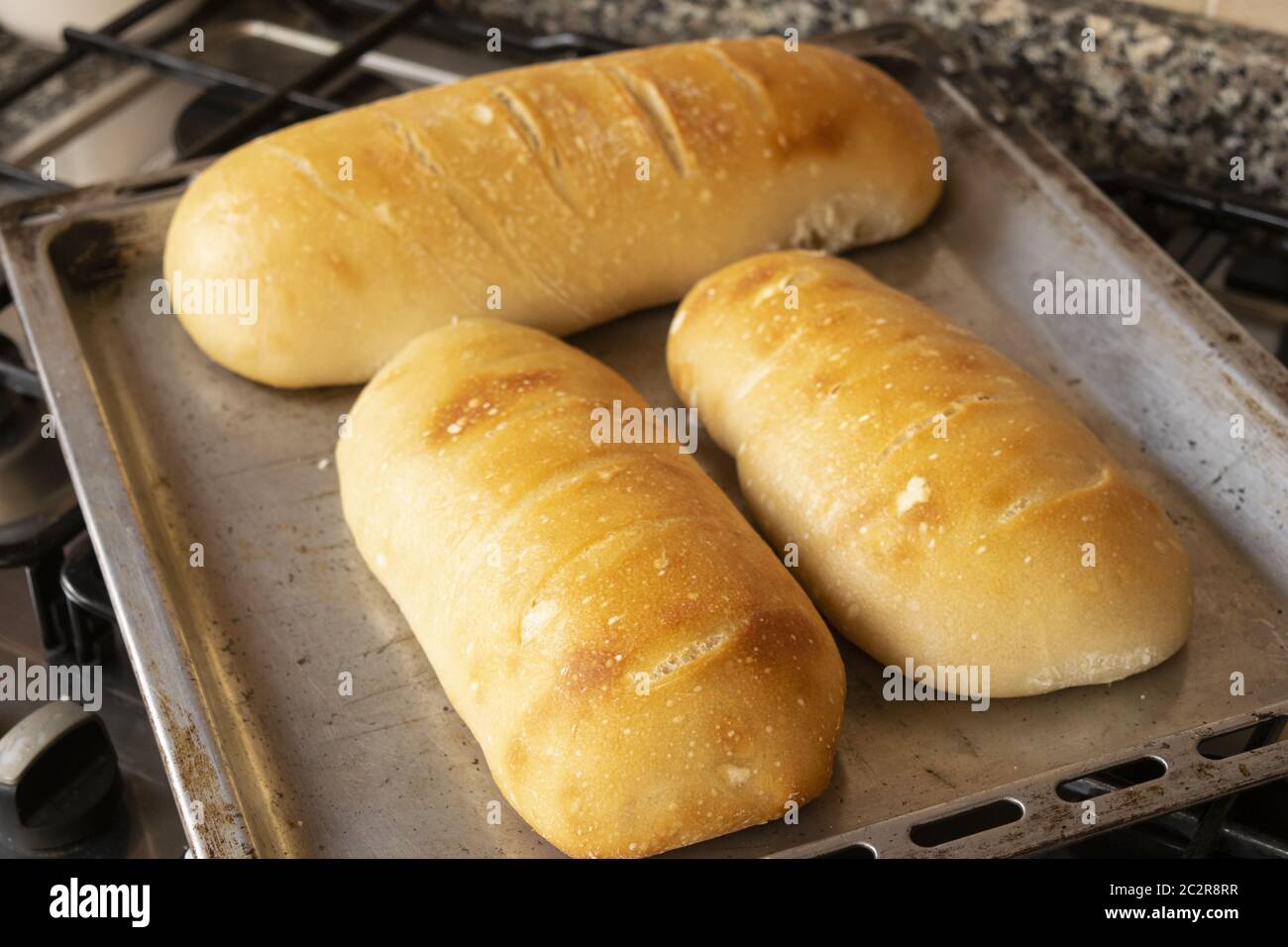 Brot aus dem heimischen Ofen auf einem Metallblech Stockfoto