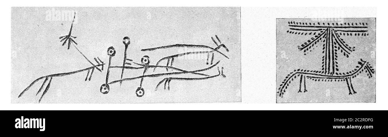 Darstellungen von Reitern, Autos und Pferden auf Pomerelle Urnen, Vintage gravierte Abbildung. Aus dem Universum und der Menschheit, 1910. Stockfoto