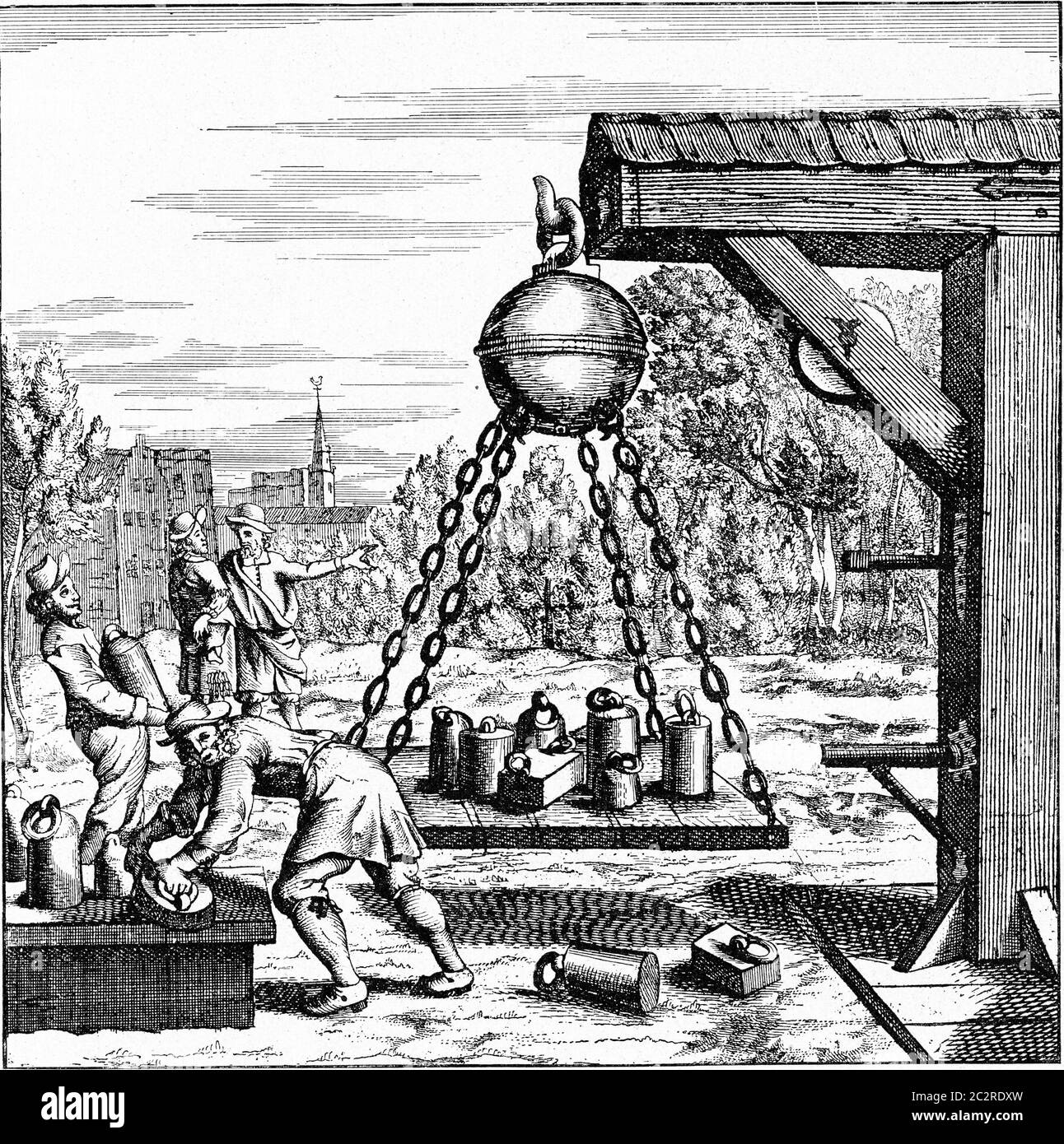 Laden Magdeburg Hemisphären ausgesetzt, Jahrgang gravierte Abbildung. Aus dem Universum und der Menschheit, 1910. Stockfoto