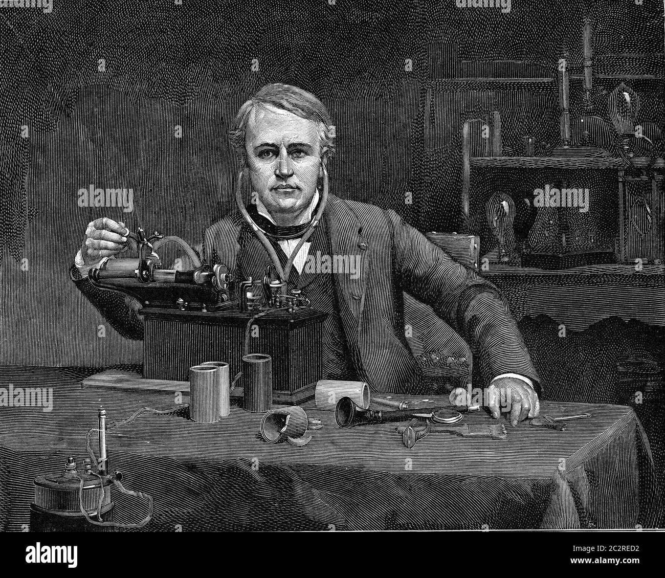 Thomas Alva Edison vor seinem Phonographen, Vintage-gravierte Illustration. Aus dem Universum und der Menschheit, 1910. Stockfoto