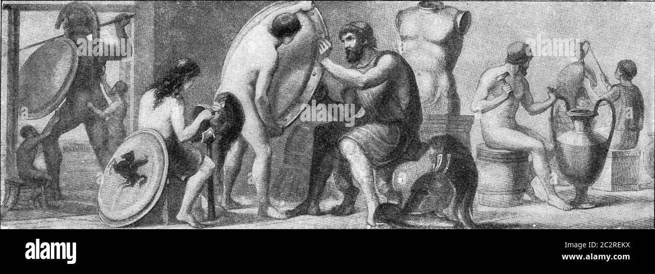 Werkstatt für die Herstellung von Bronze im antiken Griechenland, Vintage gravierte Illustration. Aus dem Universum und der Menschheit, 1910. Stockfoto