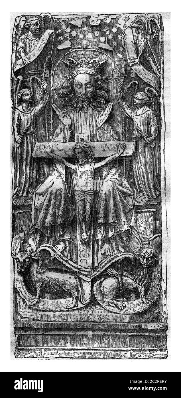 Bas-Relief der Kirche Saint-Ouen in Pont-Audemer, Vintage-Gravur. Magasin Pittoresque 1878. Stockfoto