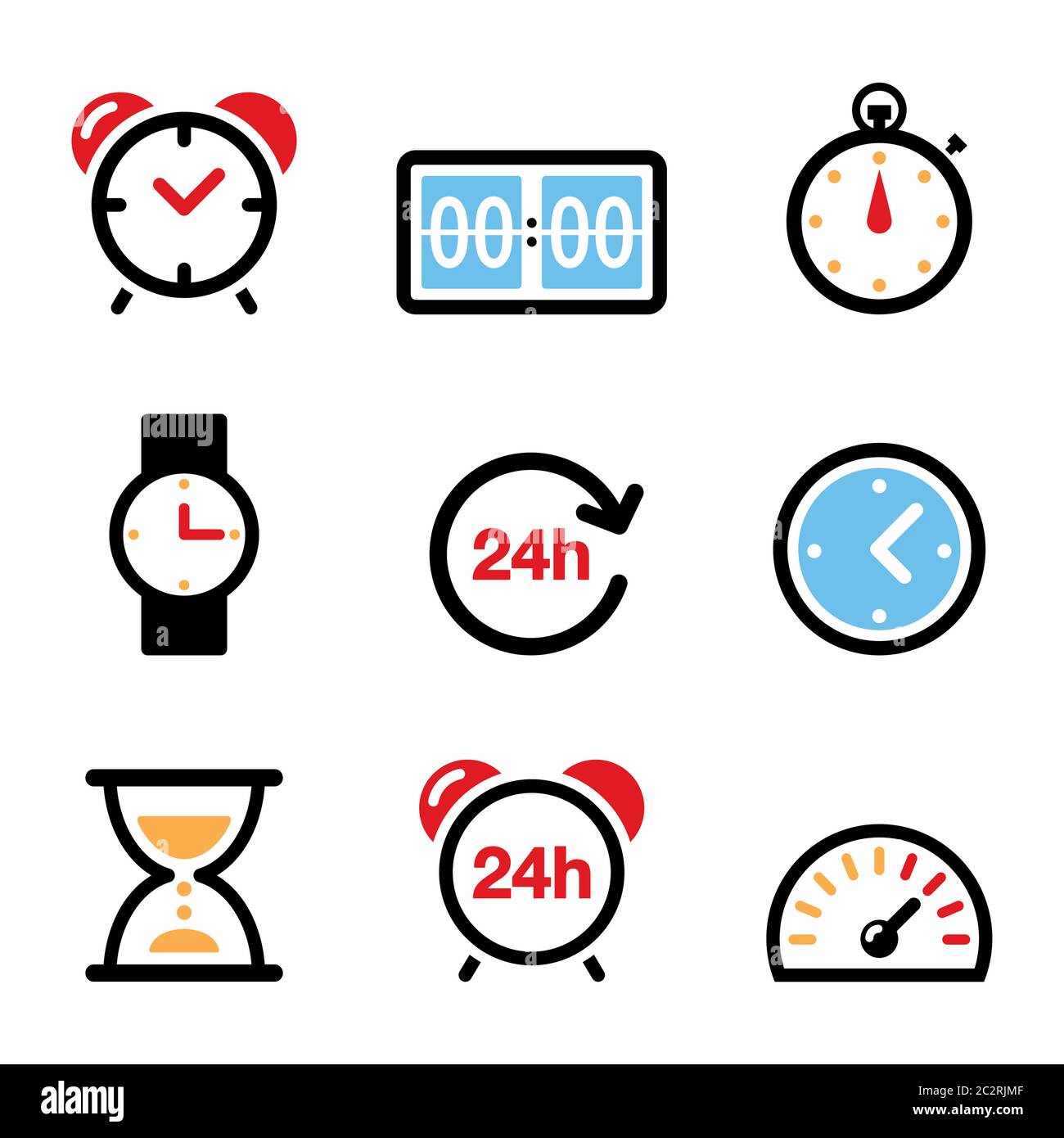 Zeit, Uhr Vektor Farbe Symbole eingestellt - Wecker, Armbanduhr, Stopper, Geschwindigkeitsmesser Stock Vektor