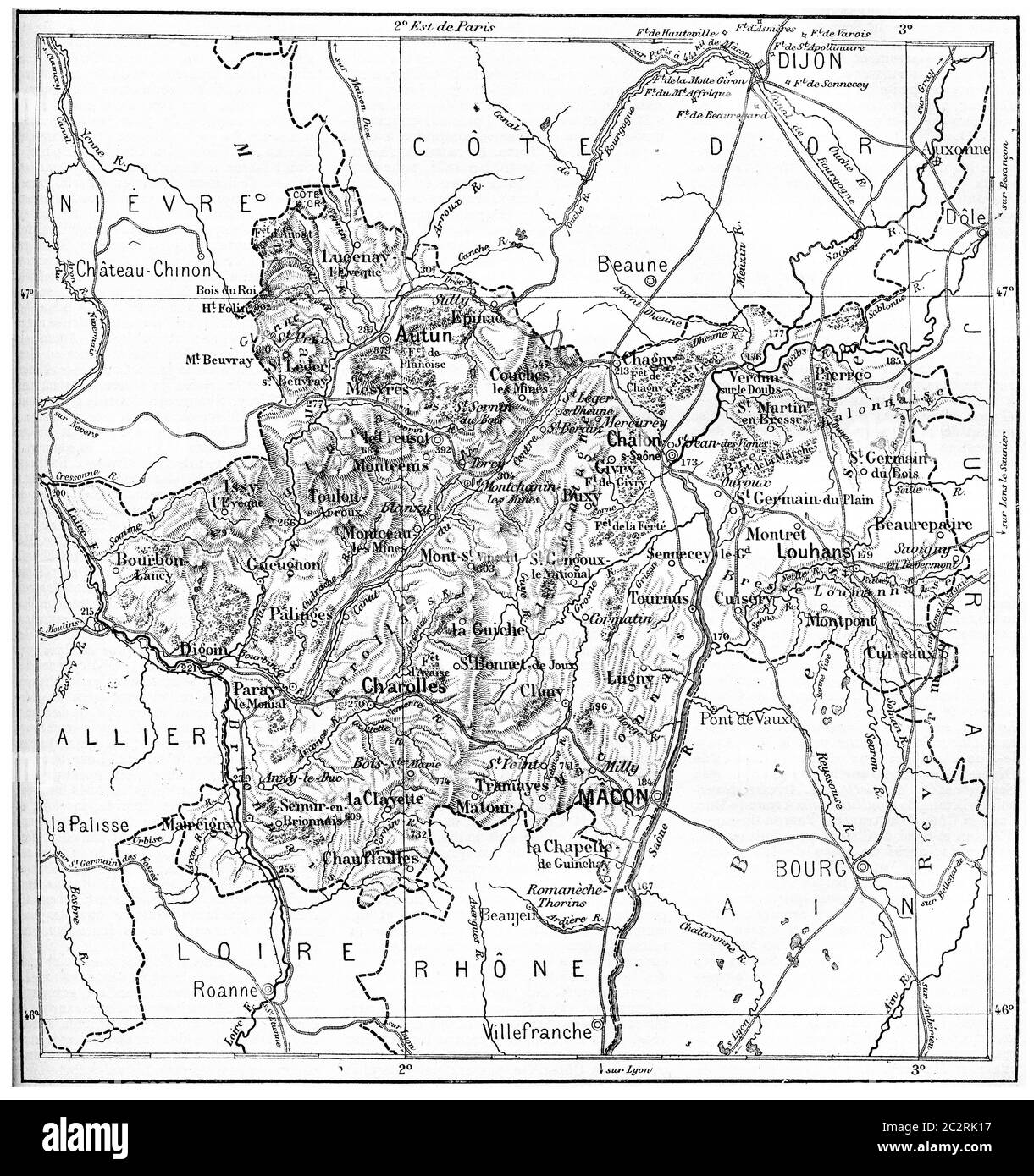 Alte eingravierte Abbildung der Karte des Departements von Saone-et-Loire. Wörterbuch der Wörter und Dinge - Larive und Fleury ? 1895 Stockfoto