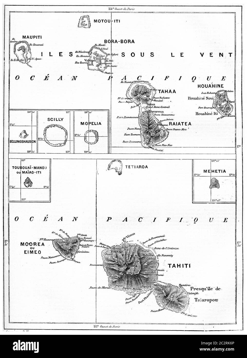Alte eingravierte Abbildung der Karte von Tahiti Insel auf Archipel, mit Namen seiner verschiedenen Orte und dort Orte. Wörterbuch der Worte und dünn Stockfoto