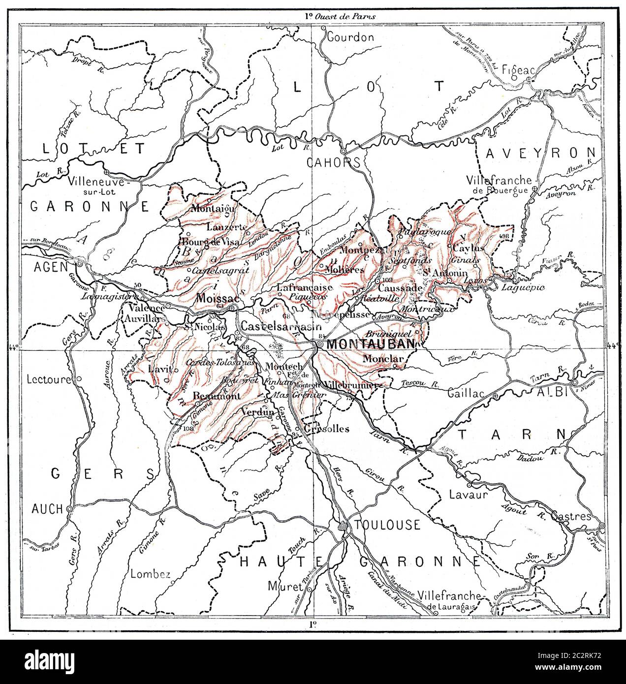 Alte eingravierte Darstellung der Karte des Departements Tarn-et-Garonne. Wörterbuch der Worte und Dinge - Larive und Fleury - 1895 Stockfoto