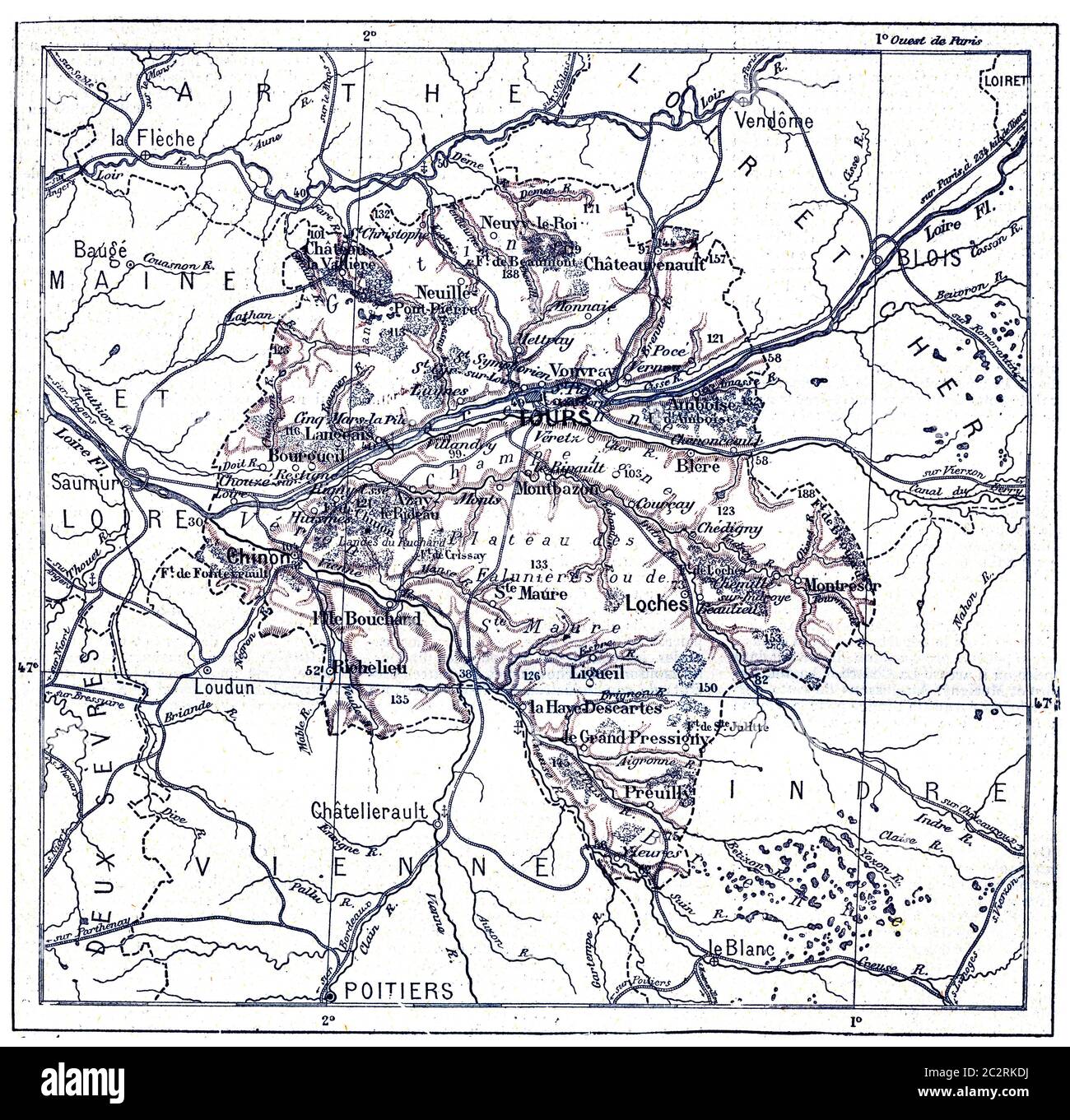 Alte Kupferstichkarte von Indre-et-Loire. Wörterbuch der Wörter und Dinge - Larive und Fleury ? 1895 Stockfoto