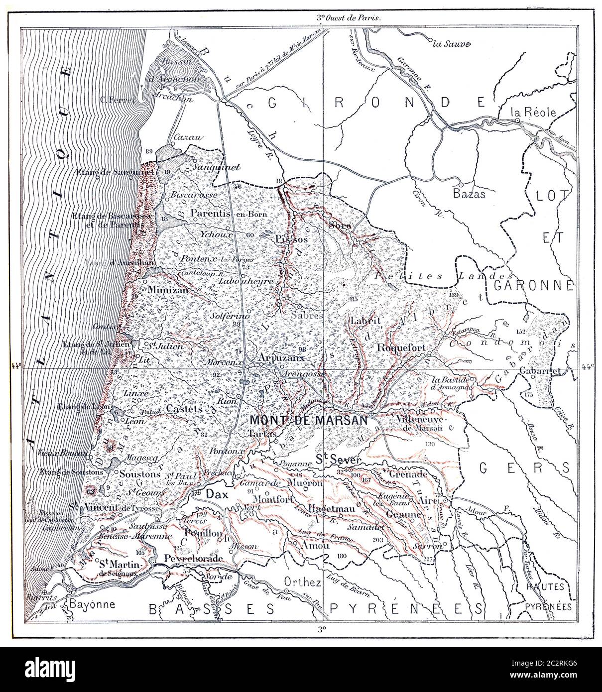 Karte der Abteilung von Heide, Vintage gravierte Illustration. Wörterbuch der Worte und Dinge - Larive und Fleury - 1895. Stockfoto