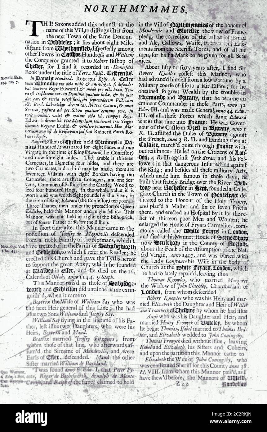 Seiten aus dem Buch über Hertfordshire 1700 Stockfoto