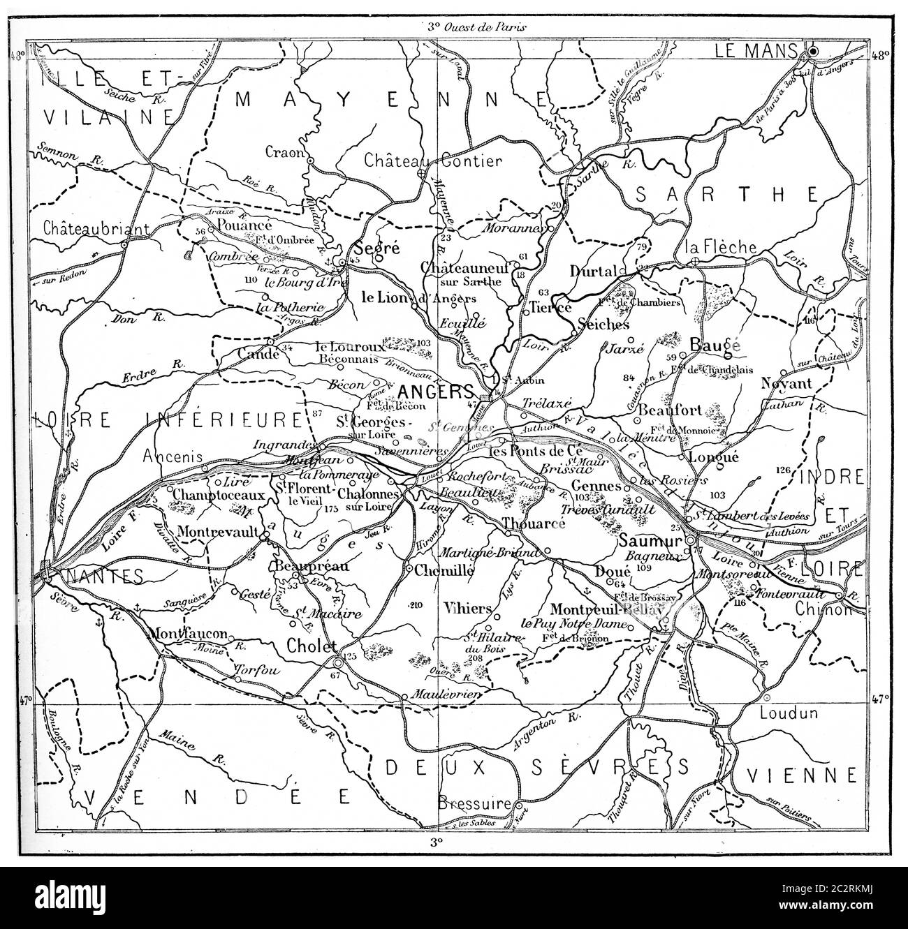 Topographische Karte des Departements Maine-et-Loire im Pays de la Loire, Frankreich, Vintage-Gravur. Wörterbuch der Wörter und Dinge - Larive Stockfoto