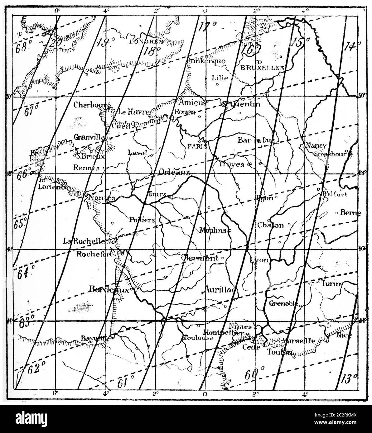 Karte der Deklination des Erdmagnetfeldes über Frankreich, Vintage gravierte Illustration. Wörterbuch der Worte und Dinge - Larive und Fleury - Stockfoto