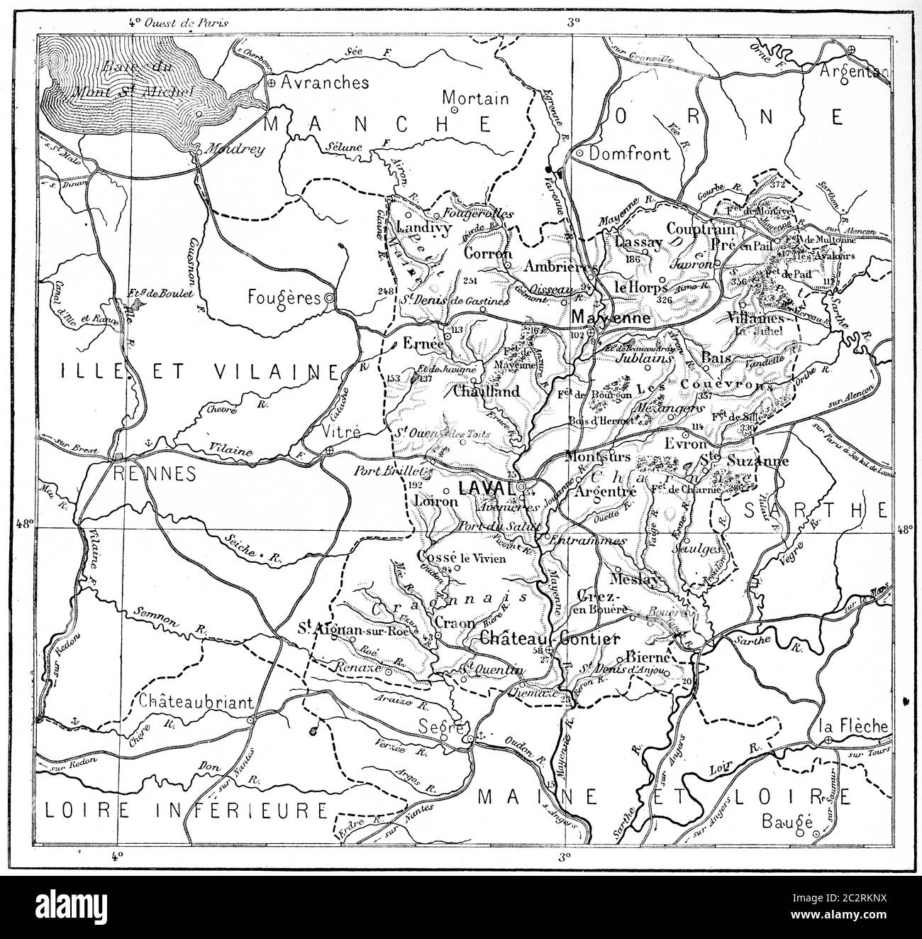 Topographische Karte von Mayenne im Pays de la Loire, Frankreich, Vintage-Gravur. Wörterbuch der Worte und Dinge - Larive und Fleury - 1895 Stockfoto