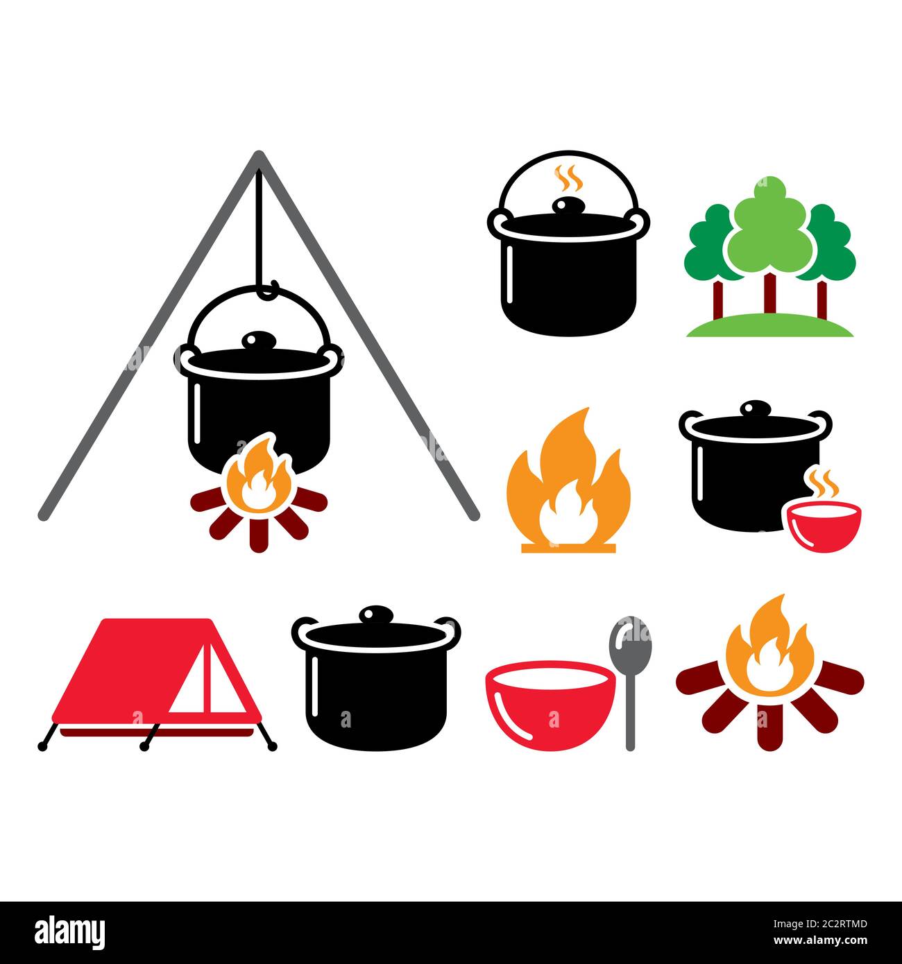Kochen über einem Feuer, Lagerfeuer Kochen, Wanderung Vektor Farbe Icons Set - Essen, Prothese, Reise-Idee Stock Vektor