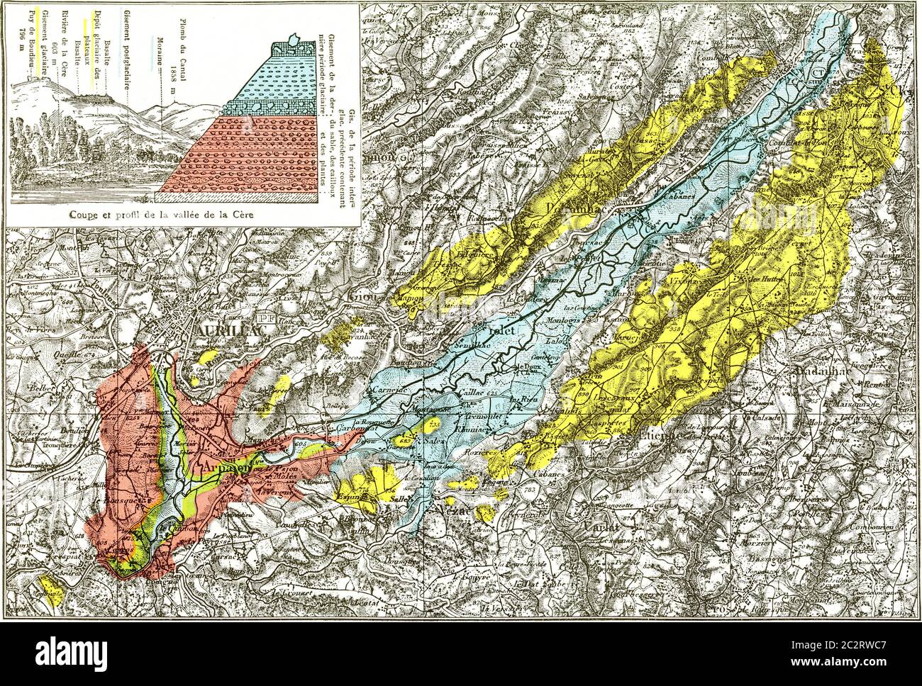 Geologische Karte des Thalwegs des mittleren Tals des Cere, Vintage-gravierte Illustration. Aus dem Universum und der Menschheit, 1910. Stockfoto