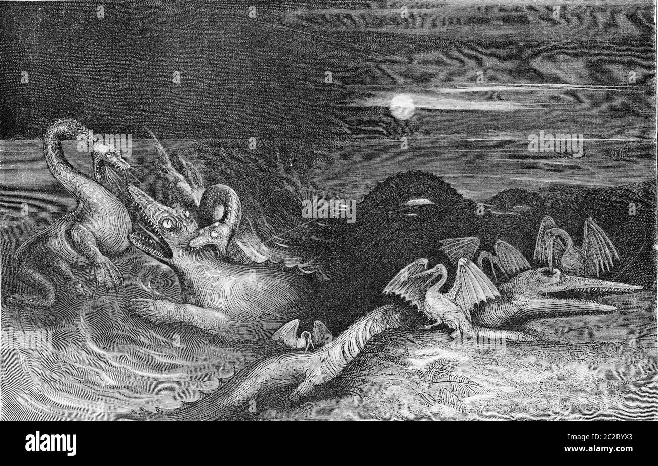 Kampf der Drachen in der Jurazeit der sekundären Ära, Vintage gravierte Illustration. Aus dem Universum und der Menschheit, 1910. Stockfoto