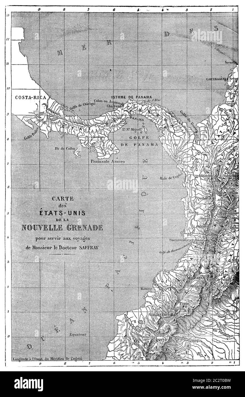 Karte der Vereinigten Staaten von Neu Granada, Illustration mit Weingravur. Le Tour du Monde, Travel Journal, (1872). Stockfoto
