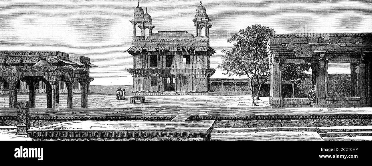 Diwan-i-Khas und Gericht Pachisi Fatehpur Sikri, Vintage graviert Illustration. Le Tour du Monde, Travel Journal, (1872). Stockfoto