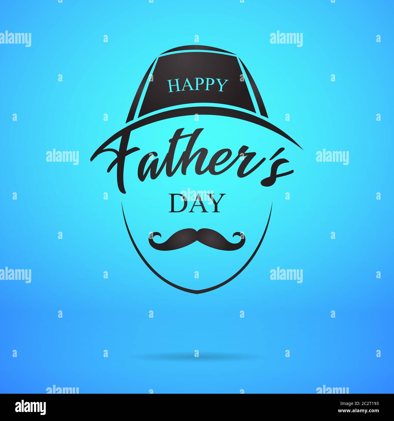 Happy Fathers Day Kalligraphie Grußkarte Vektor-Illustration von Vater Gesicht mit Hut Schnurrbart auf blauem Hintergrund mit Schatten. Ich liebe dein Herz Stock Vektor