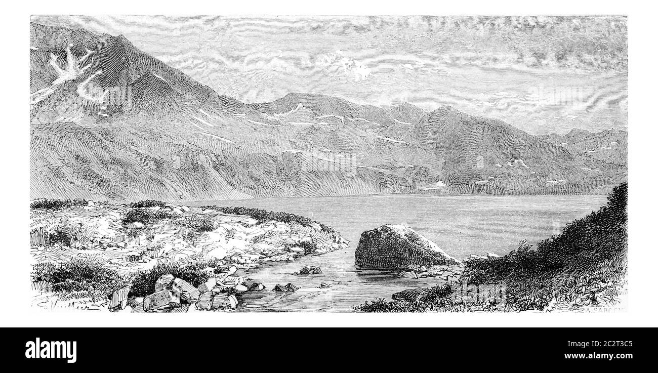 Wielki-See Staw im Tal der fünf Seen, im Riesengebirge, Polen, Zeichnung von G. Vuillier aus einem Foto, Vintage graviert illustrati Stockfoto