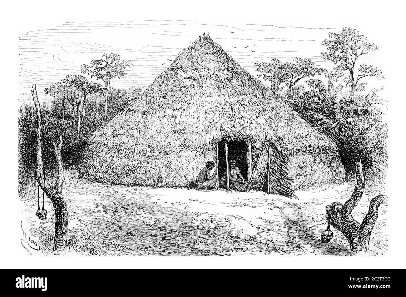 Wohnungen der Orejon-Indianer in Amazonas, Brasilien, Zeichnung von Riou aus einem Foto, Vintage-gravierte Illustration. Le Tour du Monde, Reise Stockfoto