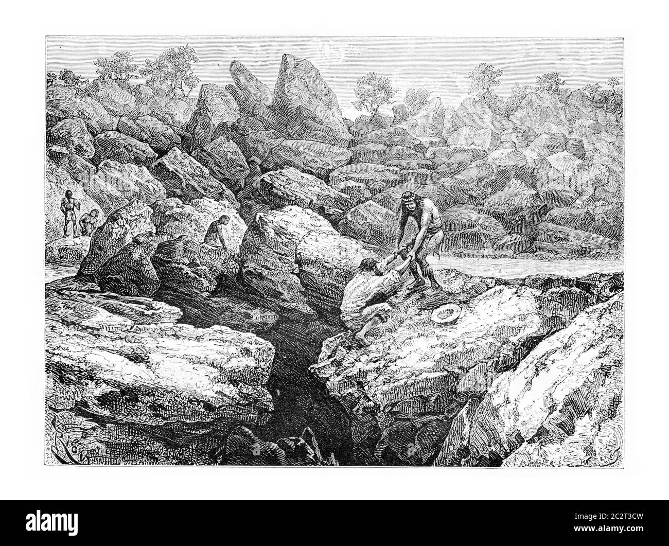 Von einem Eingeborenen aus dem Rand eines Abgrunds in Oiapoque, Brasilien, gerettet, Zeichnung von Riou nach einer Skizze von Dr. Crevaux, Vintage-gravierte Illustration. Le Stockfoto