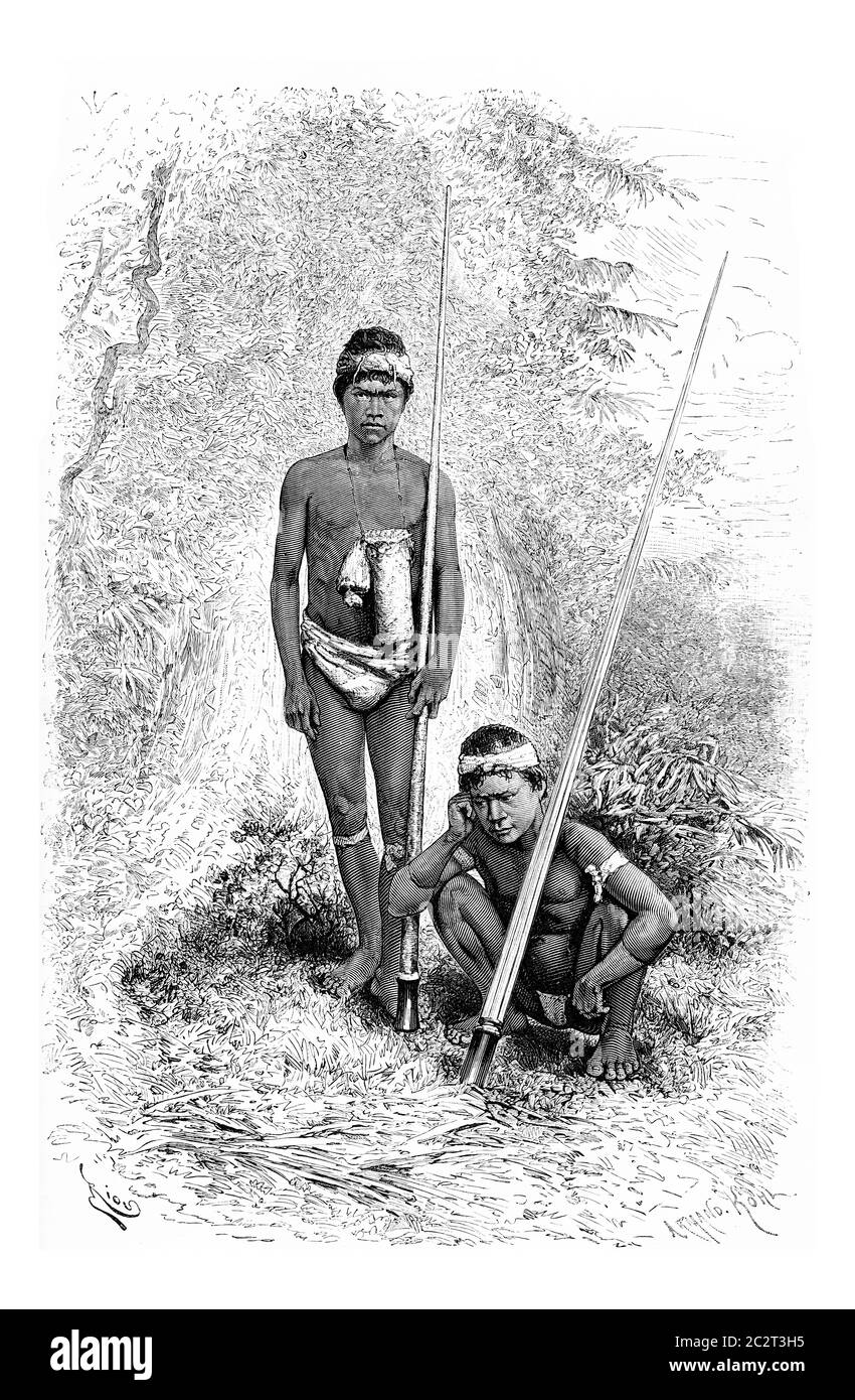 Indianer der Stadt San Miguel in Amazonas, Brasilien, als Begleiter von Santa Cruz, Zeichnung von Riou aus einem Foto, vintage graviert illustrat Stockfoto
