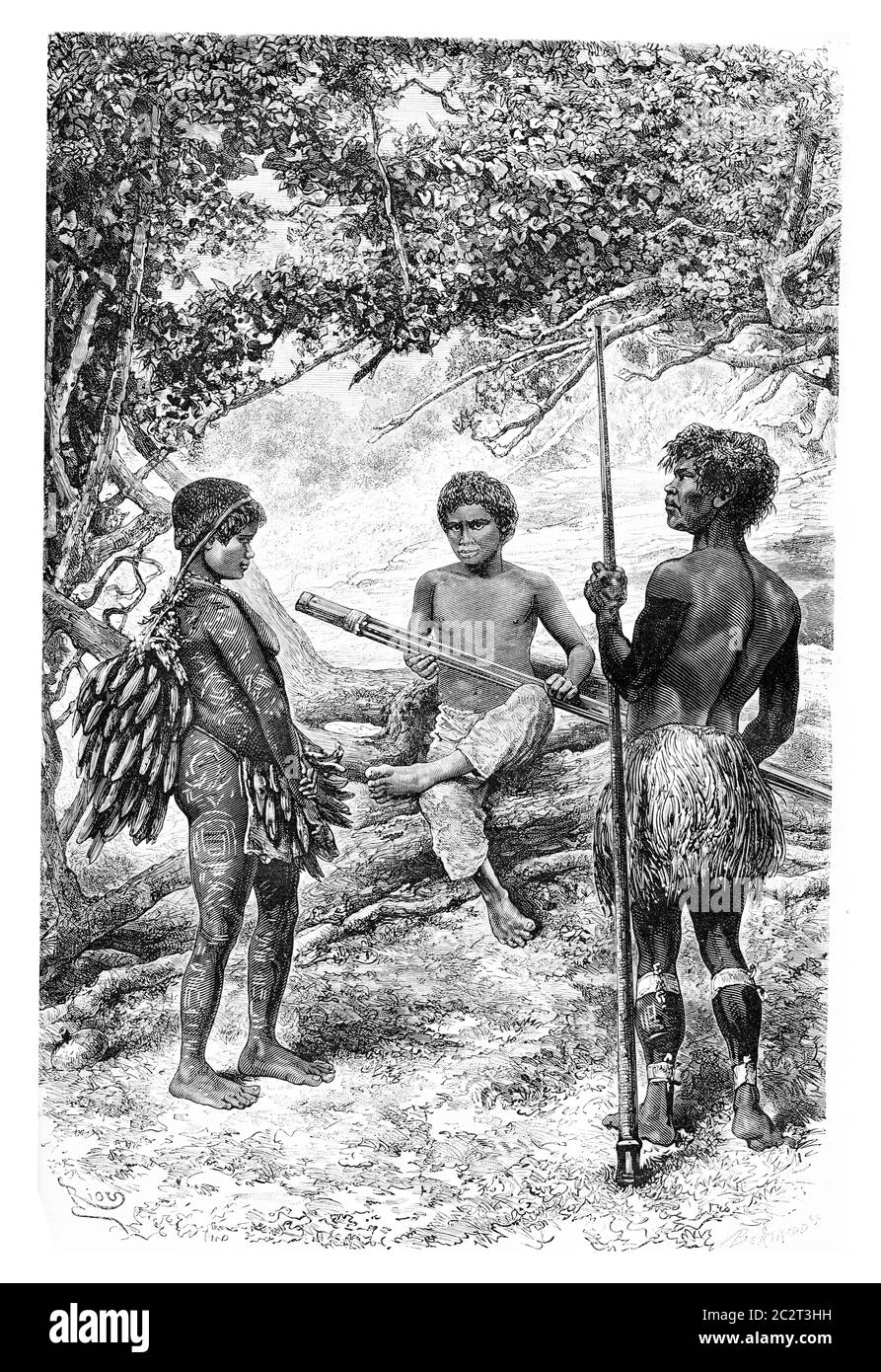 Witoto Indianer von Amazonas, Brasilien, Zeichnung von Riou aus einer Fotografie, Vintage graviert Illustration. Le Tour du Monde, Reisetagebuch, 1881 Stockfoto