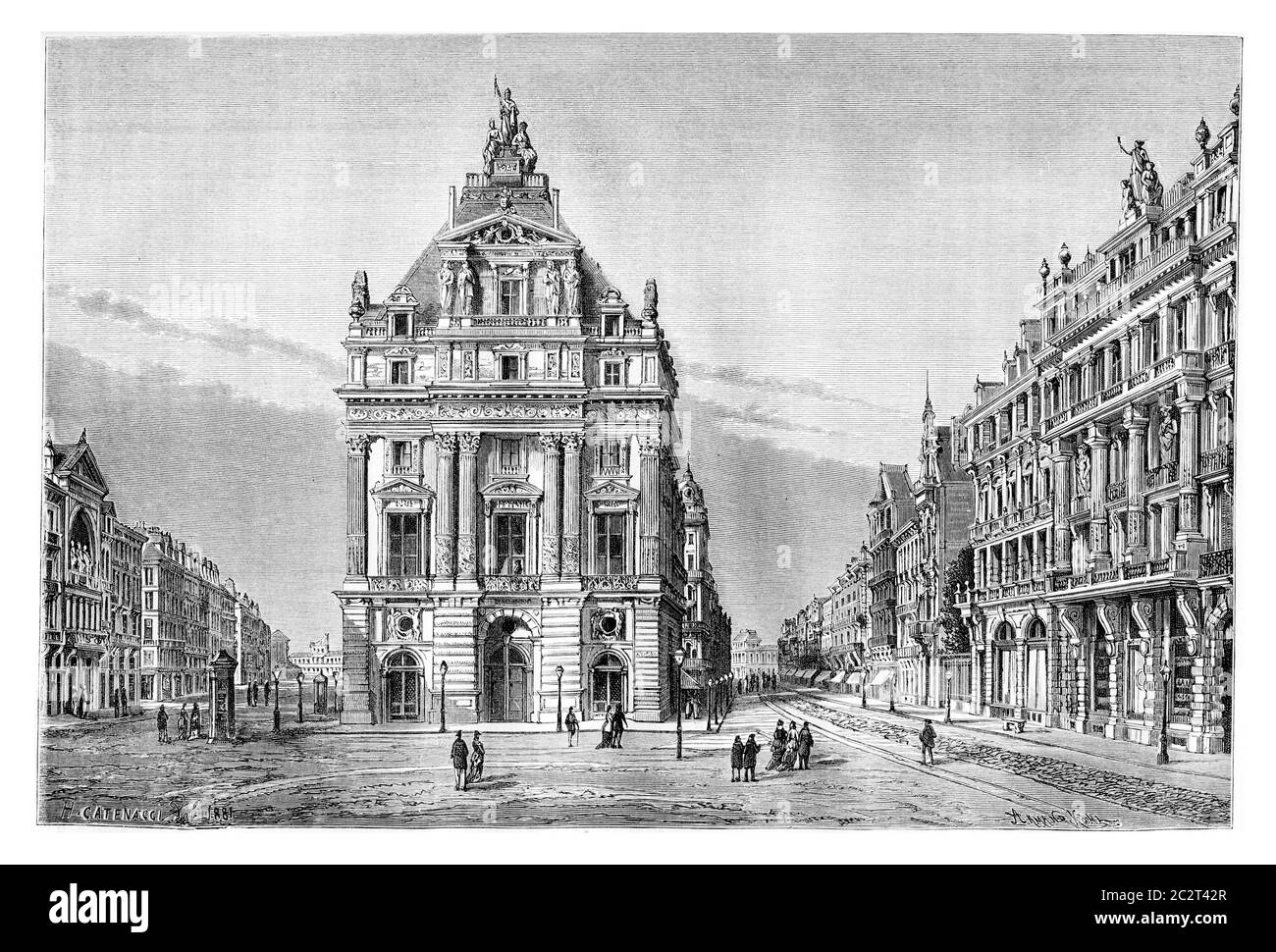 Nord- und Anspach Boulevards und der Place de Brouckere in Brüssel, Belgien, Zeichnung von Catenacci nach einem Foto von Levy, Vintage-Illustrat Stockfoto