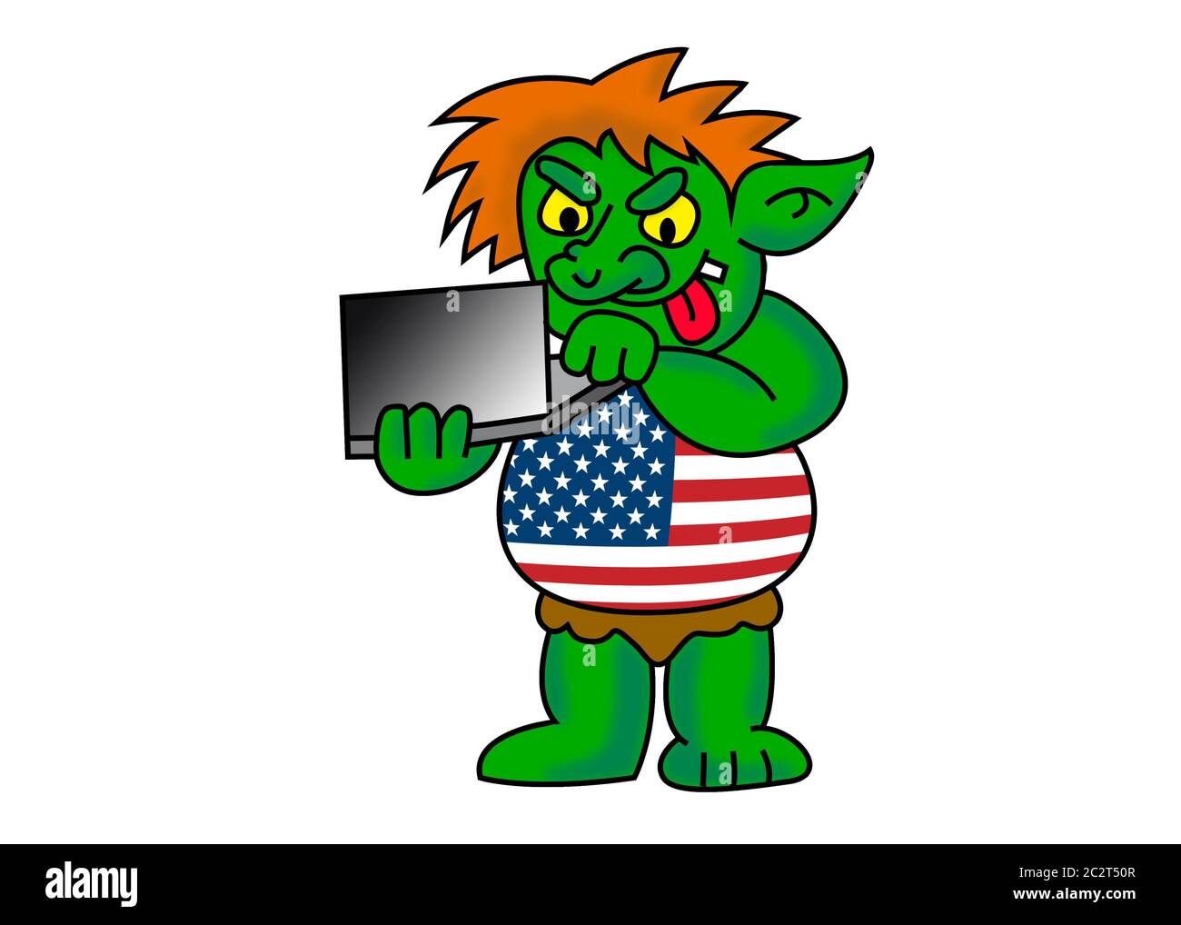 Amerika Internet Troll. Lustige Cartoon-Illustration von grünen USA Computer-Hacker mit T-Shirt wie die amerikanische Flagge. Bild auf weißem Hintergrund isoliert Stockfoto