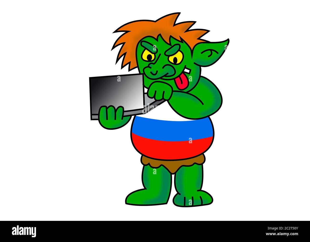 Russland Internet Troll. Lustige Cartoon-Illustration von grünen russischen Computer-Hacker mit T-Shirt wie die russische Flagge. Bild auf weißem Hintergrund isoliert Stockfoto