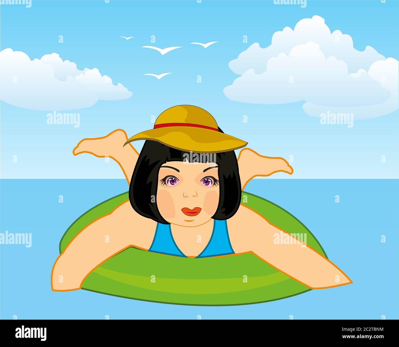 Schöne Herstellung Blick jüngere Mädchen reposes im Ozean auf Gummikreis Stockfoto