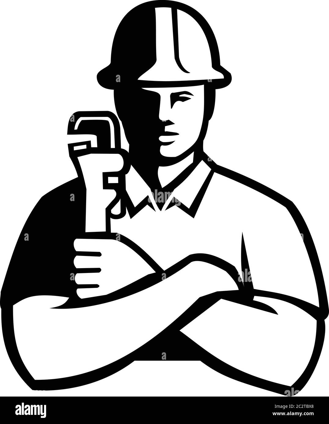 Schwarz-weiß Abbildung eines Rohrschlosses, ein Handwerker, der mechanische Rohrleitungssysteme installiert, fertigt, instand hält und repariert, holdimg a pipe wre Stock Vektor