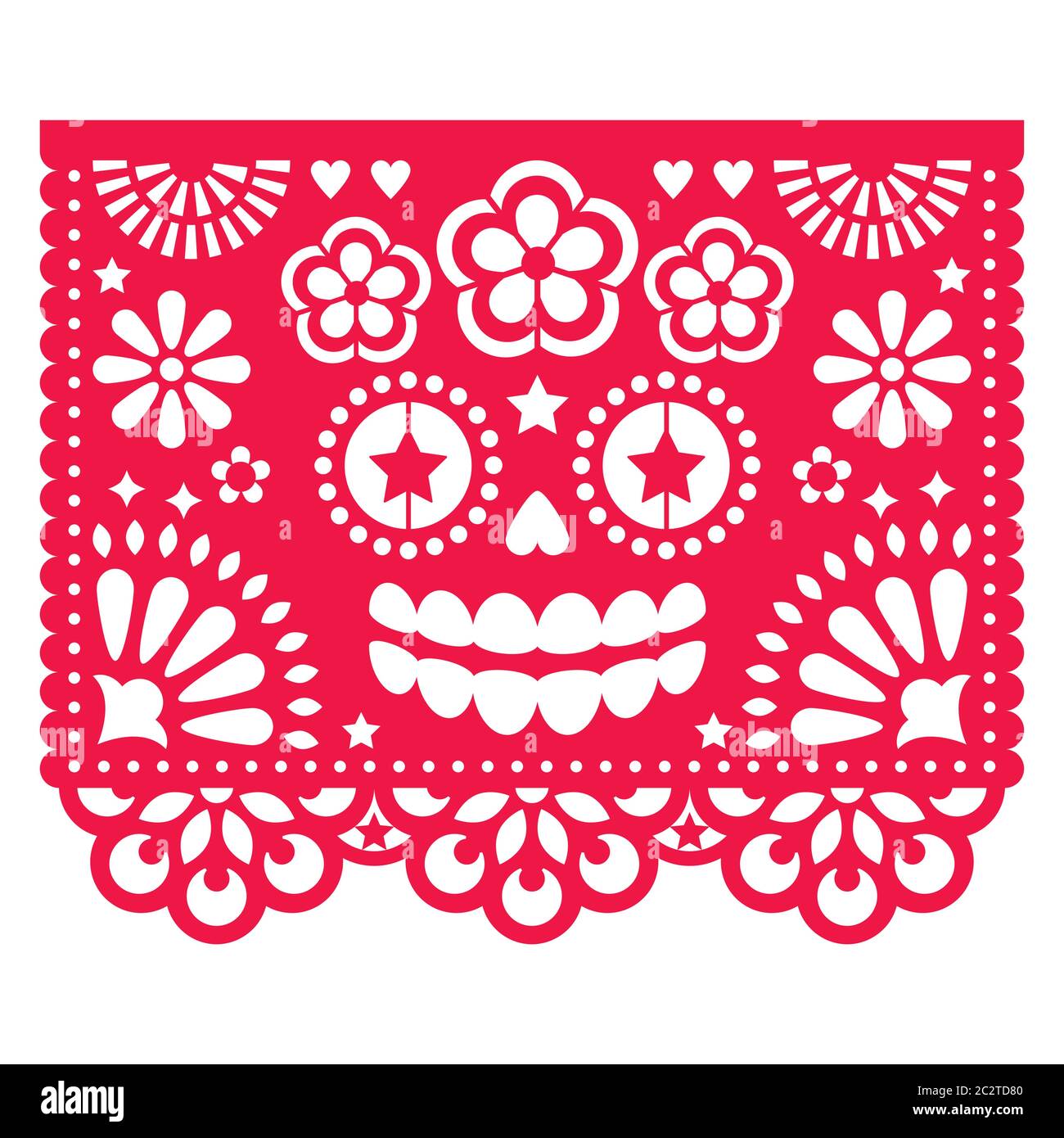 Halloween Papel Picado Design mit La Catrina Totenkopf, mexikanisches Papier ausgeschnittenes Muster - Dia de Los Muertos, Tag der Toten Feier Stock Vektor