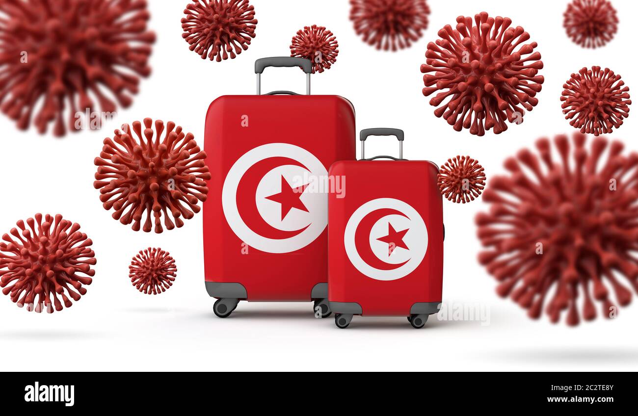 Tunesien Flagge Reise Koffer mit Coronavirus. 3D-Rendering. Stockfoto