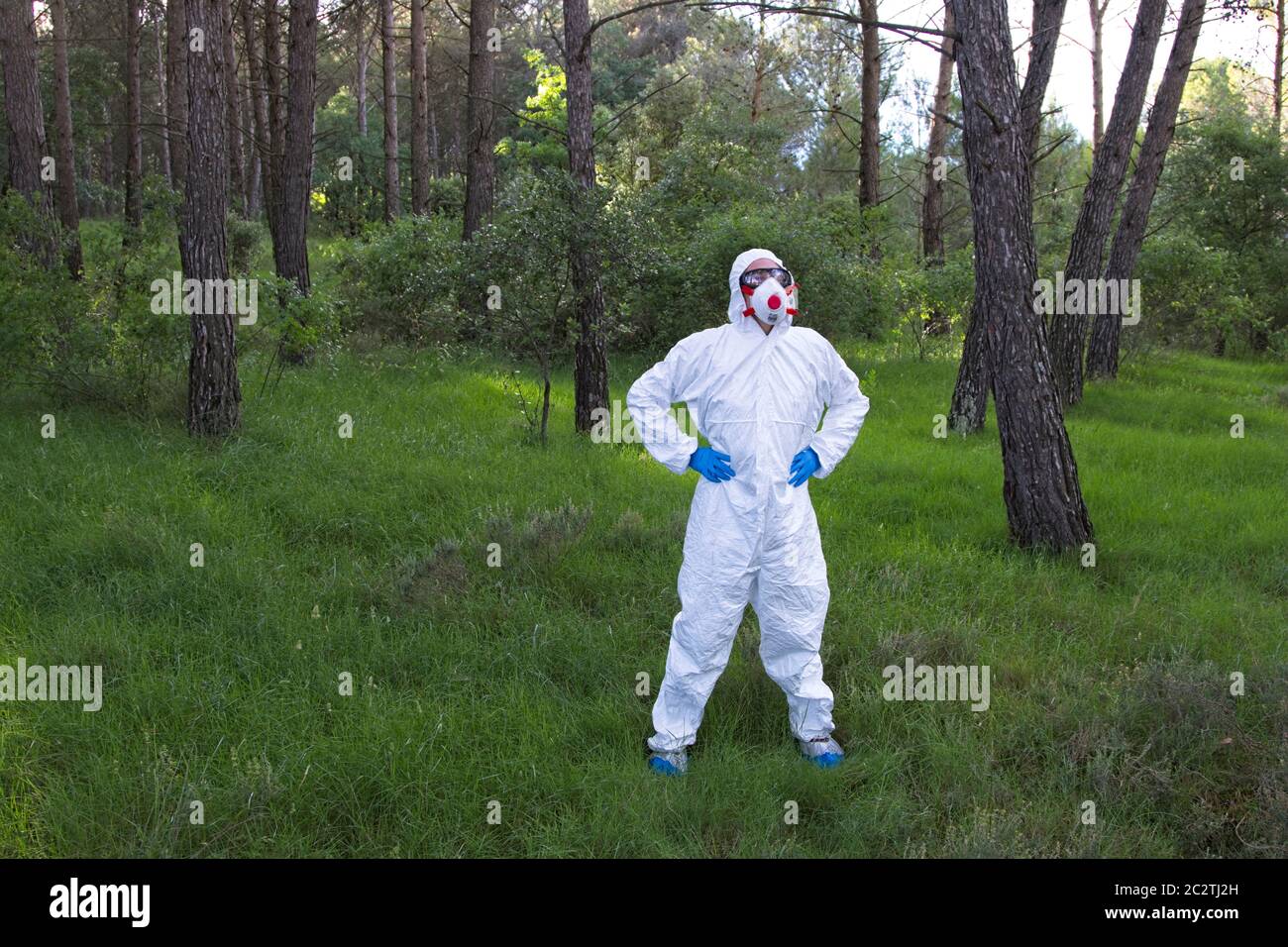 Person mit Schutzanzug in einem Waldgebiet. Stockfoto