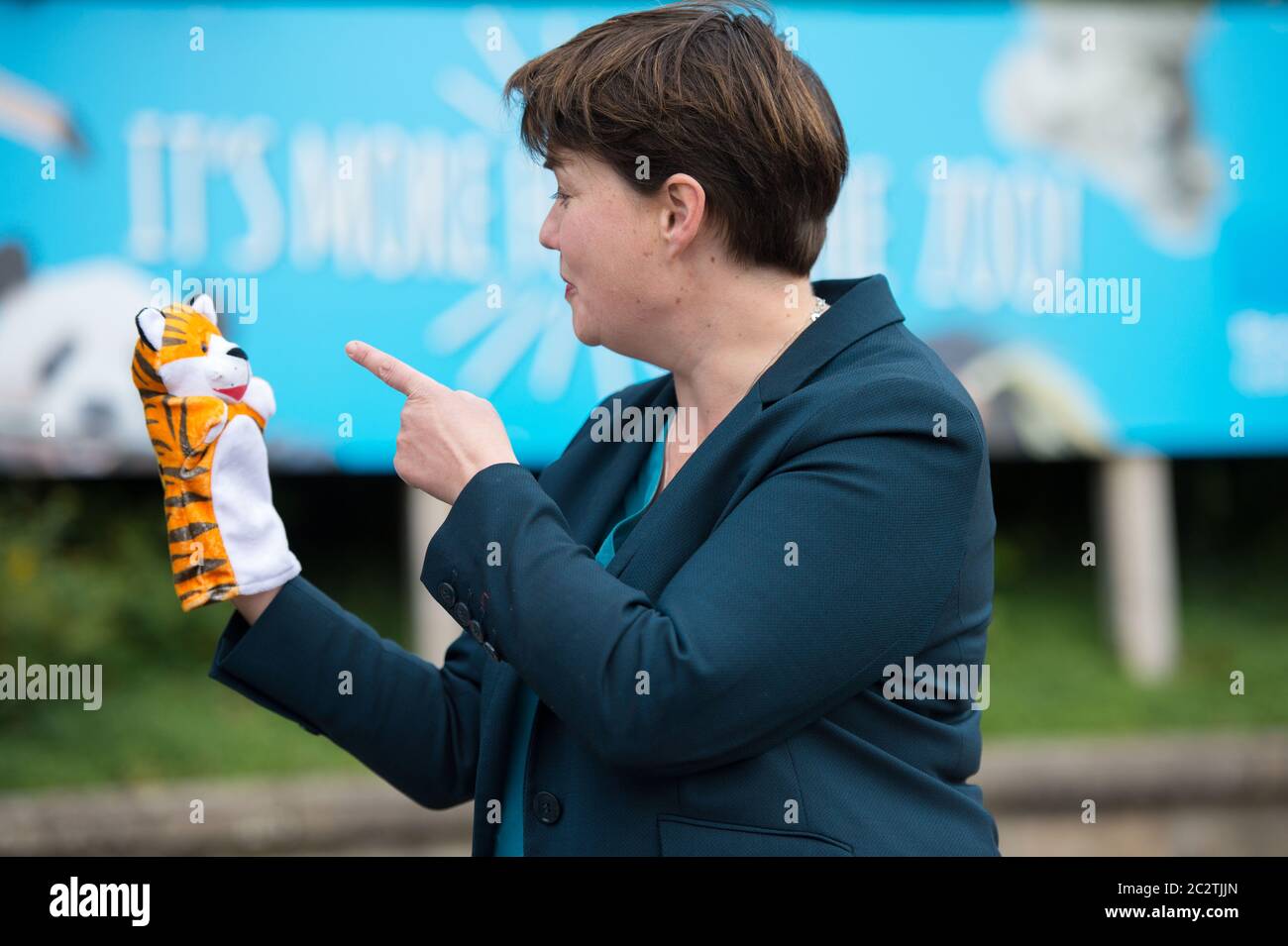 Edinburgh, Schottland, Großbritannien. Juni 2020. Im Bild: Ruth Davidson MSP - ehemalige Leiterin des schottischen Konservativen und Unionisten Paary, sah eine Kampagne auf den Stufen des Zoos mit Plakaten und Tierpuppen für die sichere Wiedereröffnung des Edinburgh Zoos als Teil der Phase 2 Lockerung der Sperrbeschränkungen. Quelle: Colin Fisher/Alamy Live News Stockfoto