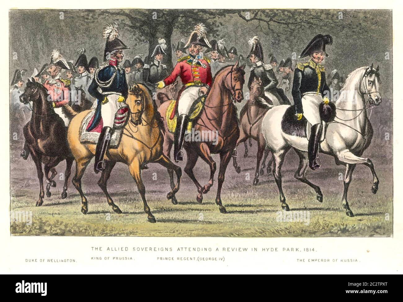 HYDE PARK BEWERTUNG 1814 von links: Herzog von Wellington (auf schwarzem Pferd), Friedrich Wilhelm III. Von Preußen, Prinz Regent (später George IV.), Alexander I. von Russland. Stockfoto