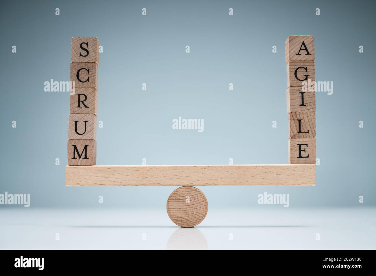 Stapel von Holz- Scrum und agile Blocks auf der Wippe über den weißen Schreibtisch Stockfoto