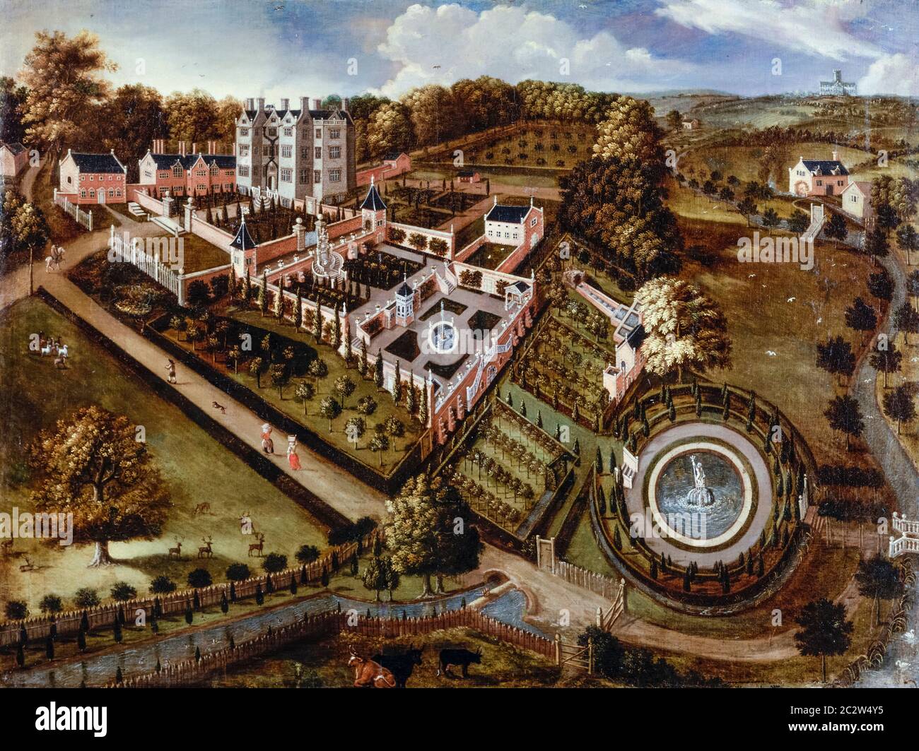 Llannerch Hall Landhaus, Trefnant, Denbighshire, Nordwales, Landschaftsmalerei von unbekanntem Künstler, um 1667 Stockfoto