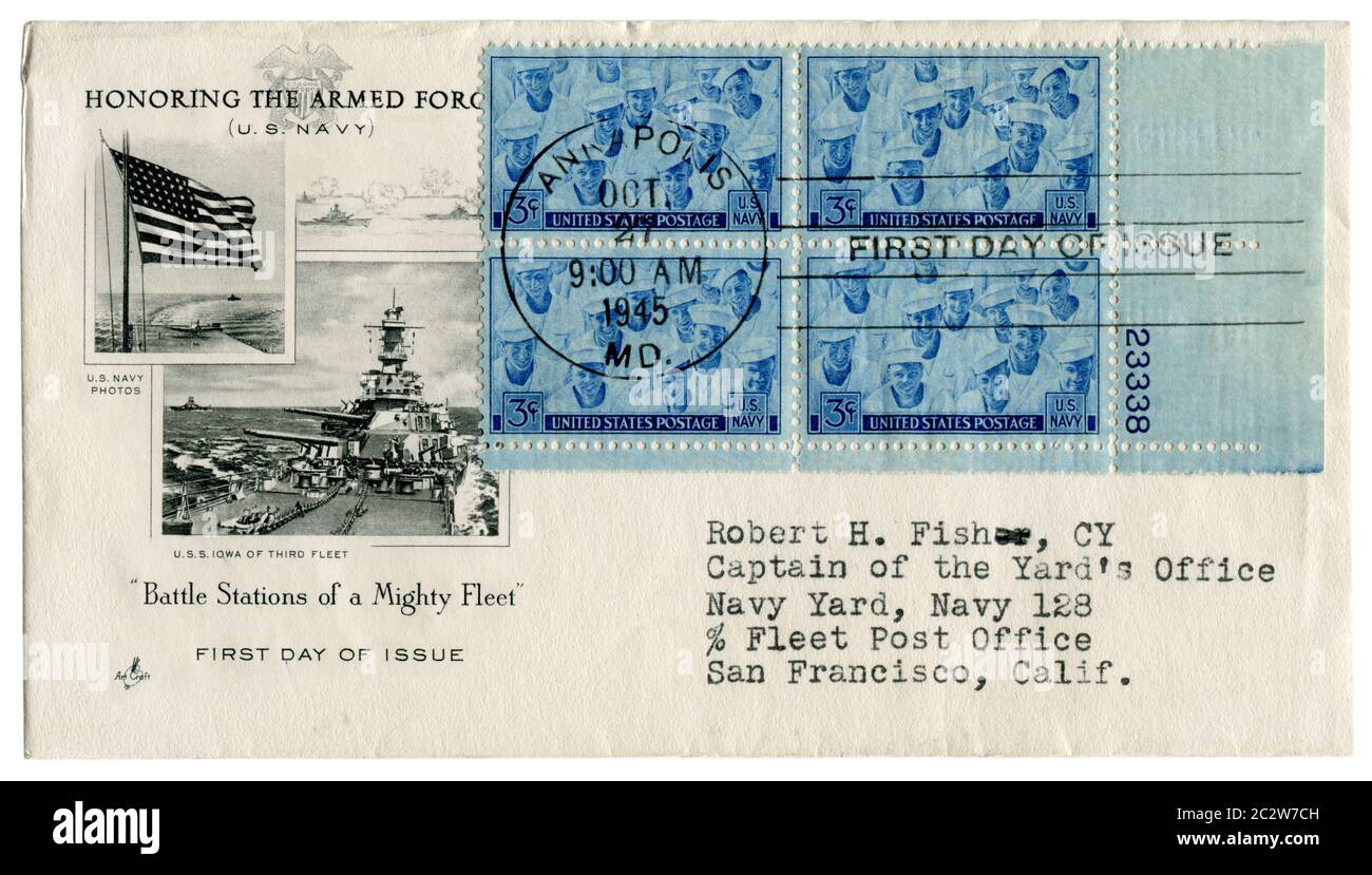 Annapolis, Maryland, USA, 27. Oktober 1945: US-historischer Umschlag: Cover mit patriotischem Cachet zu Ehren der Streitkräfte, US Navy, USS Iowa Stockfoto