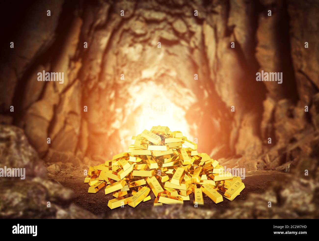 Haufen von Goldbarren in der Höhle Stockfoto