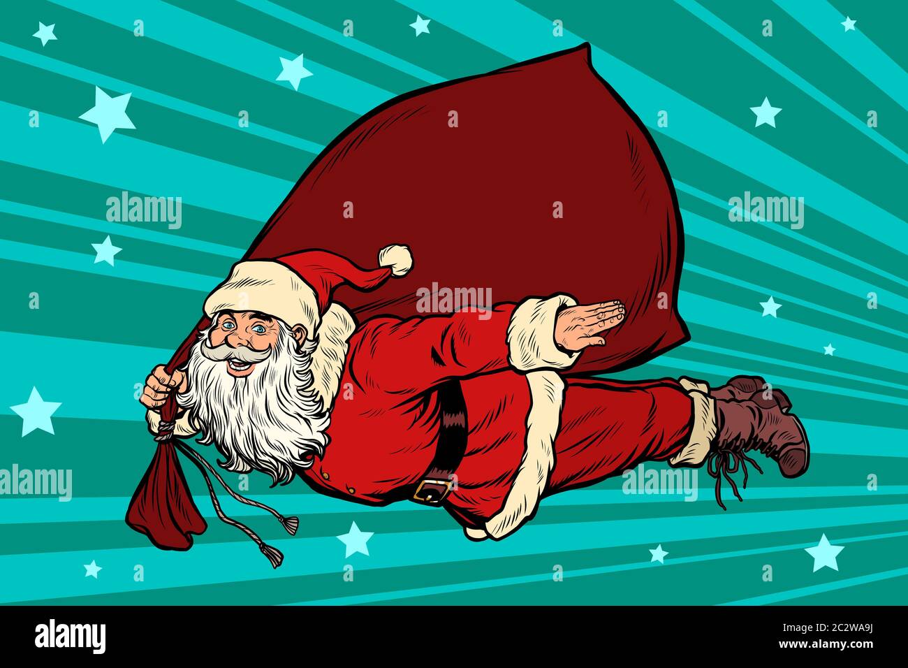 Santa Claus Superheld ist Fliegen mit einem Beutel der Geschenke. Pop Art retro Vektor Illustration kitsch Vintage Stockfoto