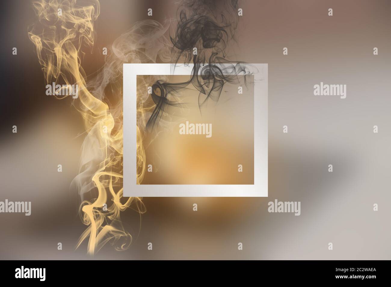 Raucharmgebung im Hintergrund. Abstrakte Kunst geheimnisvolle grün orange Dampf Effekt Detail Hintergrund Nebel Kunst Muster quadratische Form Form Rahmen. Mystik Stockfoto